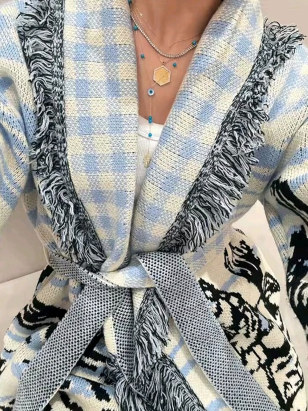 Vintage Jacquard Print Knit Fringe Cardigan Women Lapel Lace Up Loose Long Sleev - Picture 2 of 11